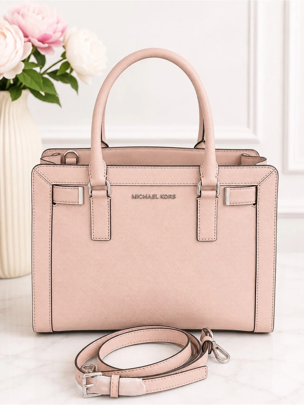 Michael Kors Blush Pink Saffiano Leather Satchel Crossbody Shoulder Bag